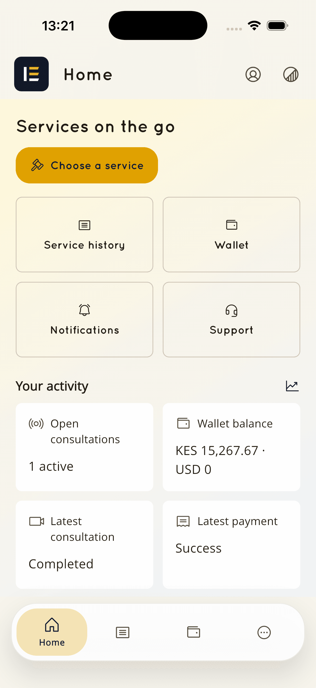 A customer's KnownAfrique home screen showing services on the go