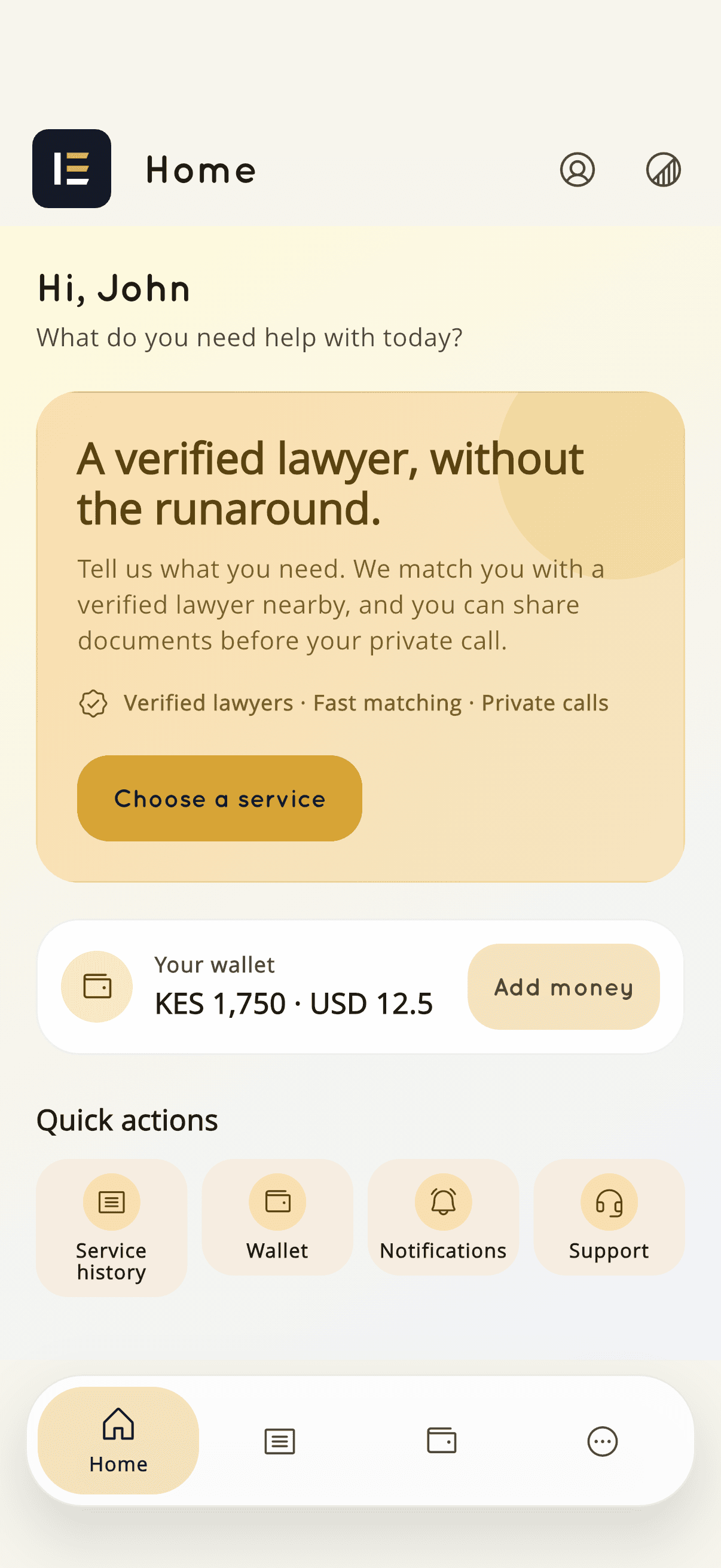 A customer's KnownAfrique home screen showing services on the go